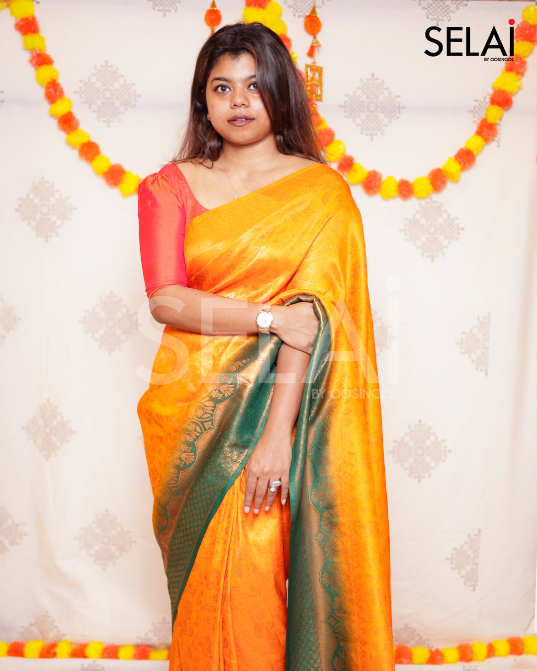 Floral Semi Silk Saree (Orange with green)