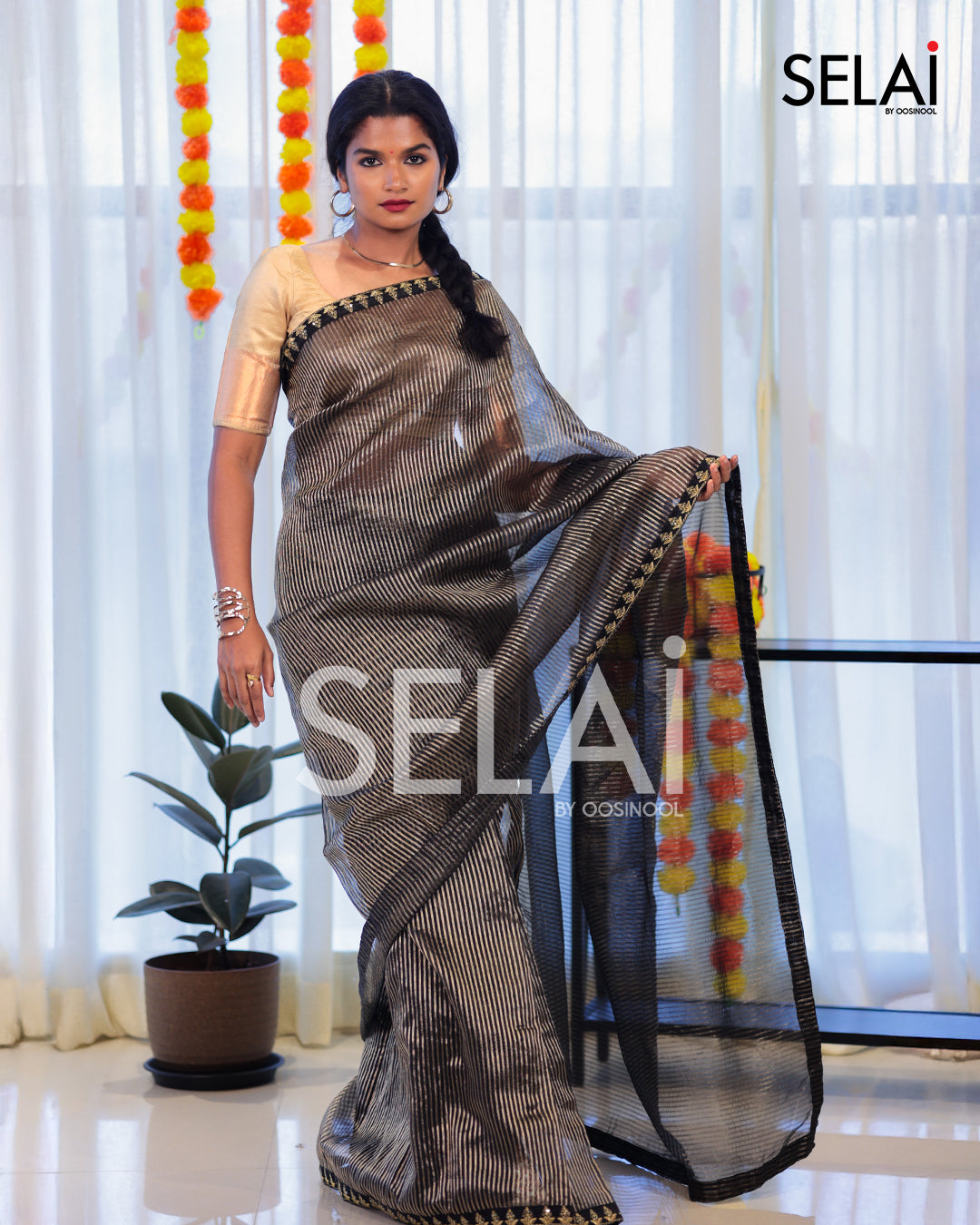 Black and gold stripe Organza Saree