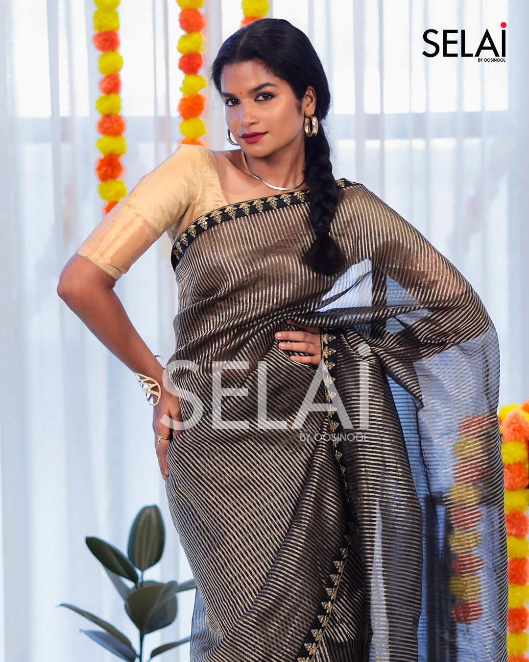 Black and gold stripe Organza Saree