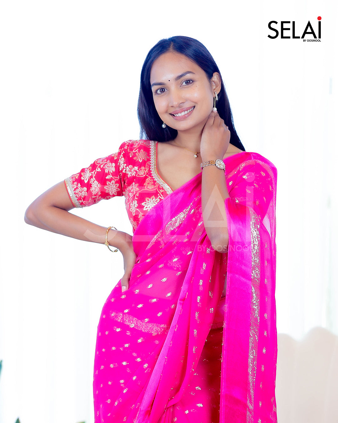 Viscose Georgette with Silk Buttas (Pink)