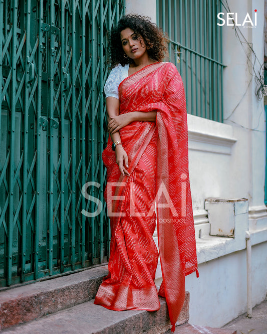 Muslin Cotton Saree (Red)