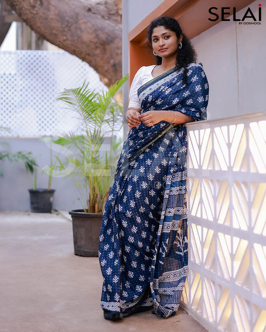 Ajrakh Print Cotton Saree (Indigo)