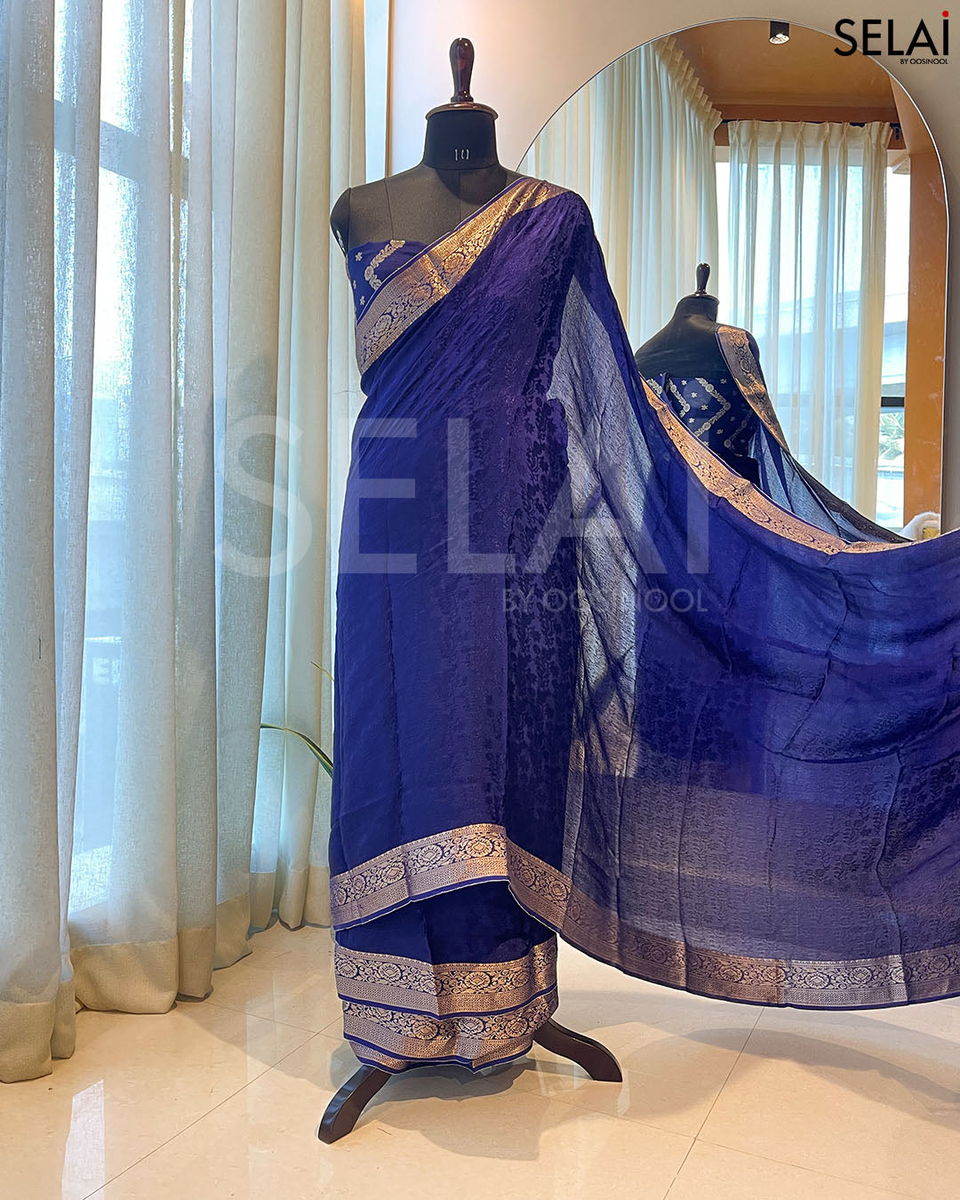 Viscose Chinon Saree (Indigo)