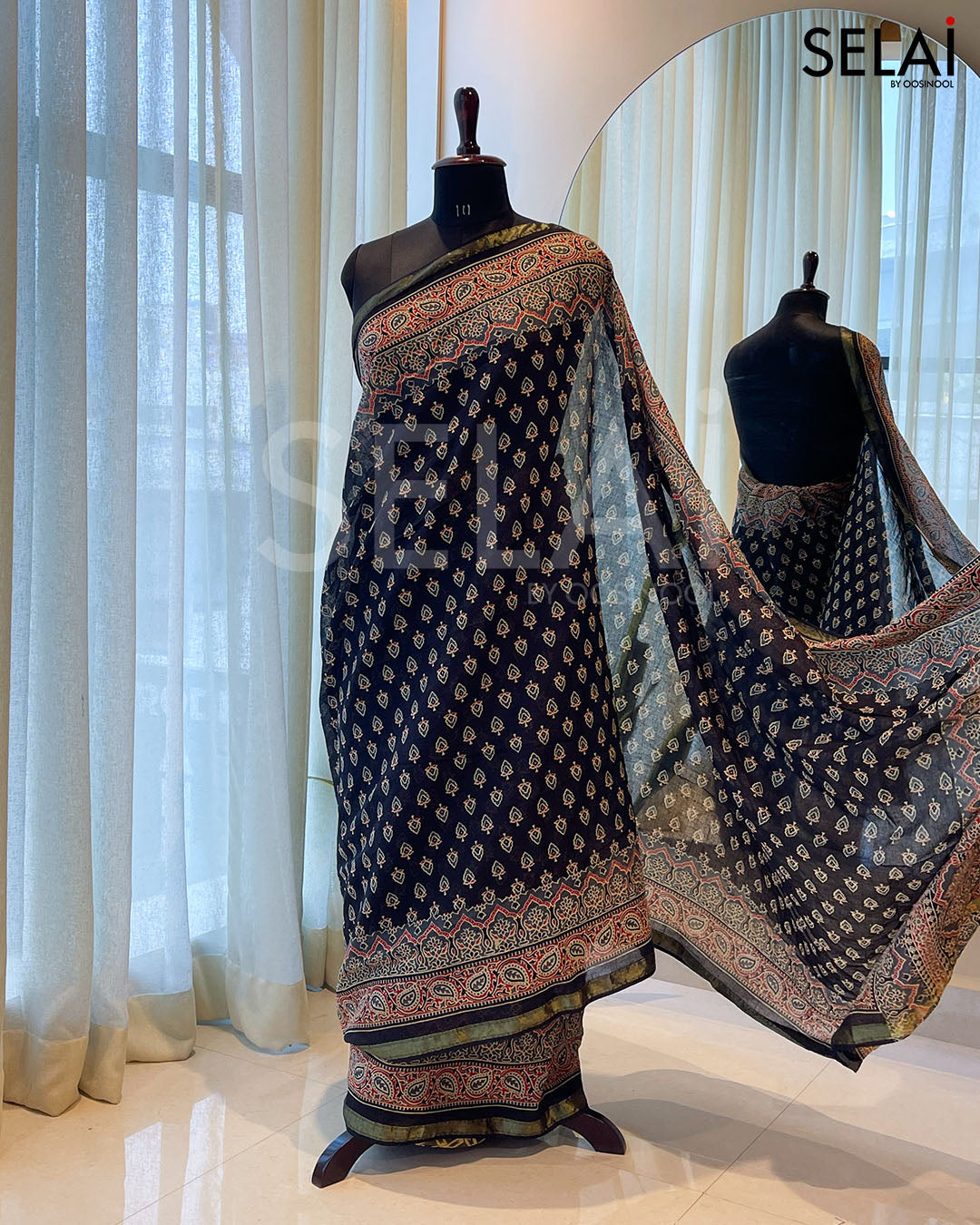 Ajrakh Print Cotton Saree (Black)