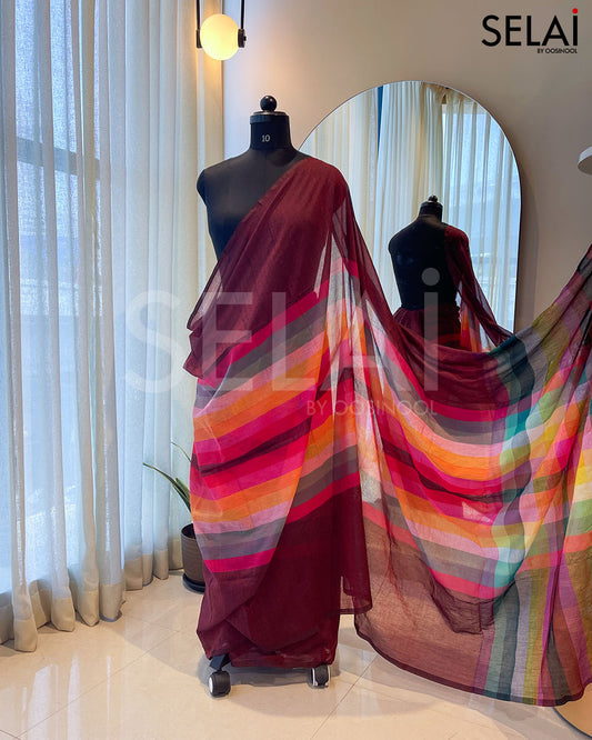 Madras Checks Mulmul Cotton Saree (Maroon)