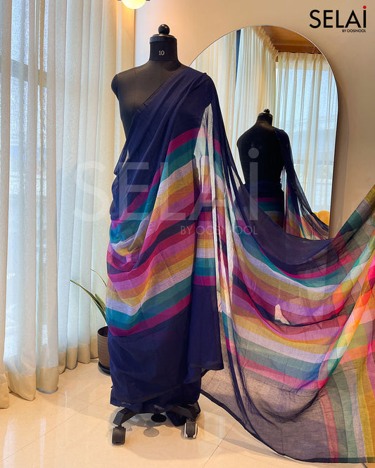 Madras Checks Mulmul Cotton Saree (Navy Blue)