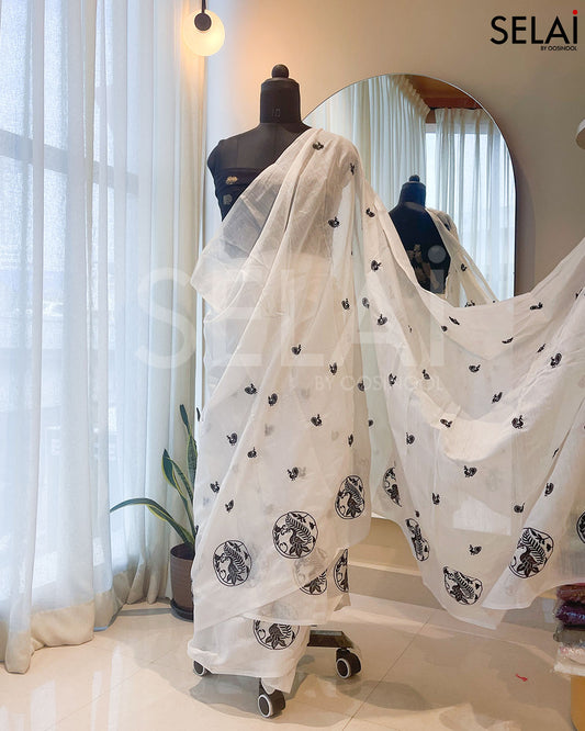 Semi Silk with Embroidered Peacock (White)