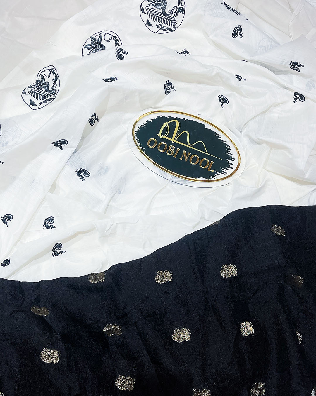 Semi Silk with Embroidered Peacock (White)