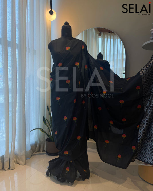 Semi Silk with Flower Motifs (Black)