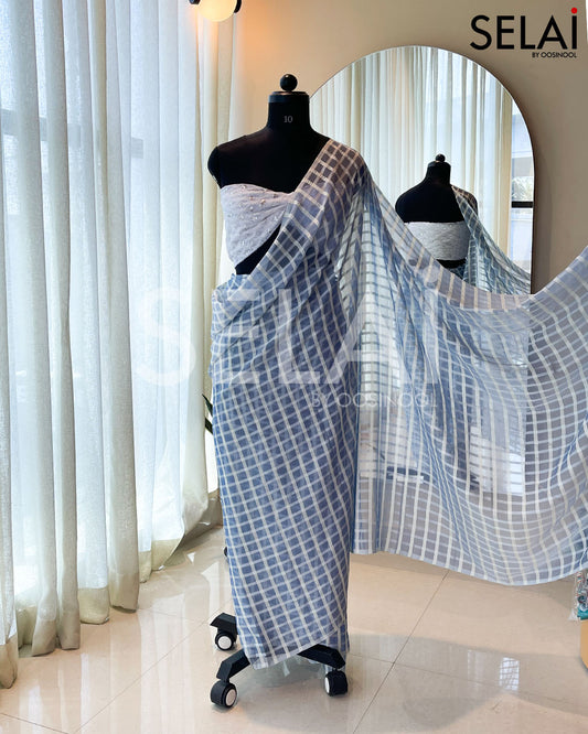 Checked Georgette Saree (Dark Blue) with Lace Blouse (White)