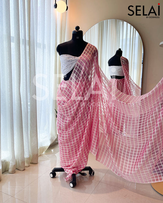 Checked Georgette Saree (Pink) with Lace Blouse (White)
