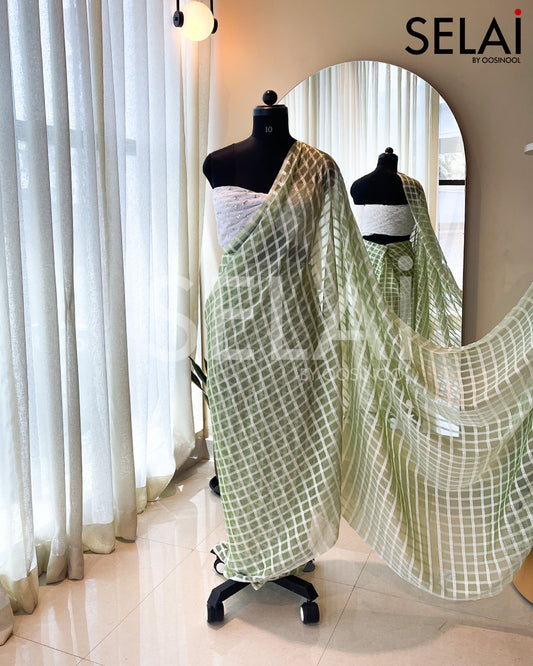 Checked Georgette Saree (Green) with Lace Blouse (White)