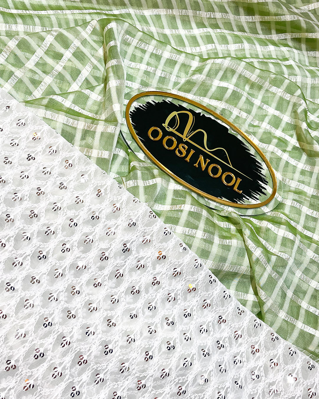 Checked Georgette Saree (Green) with Lace Blouse (White)