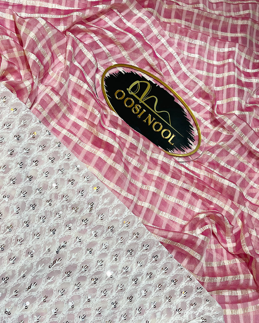 Checked Georgette Saree (Pink) with Lace Blouse (White)