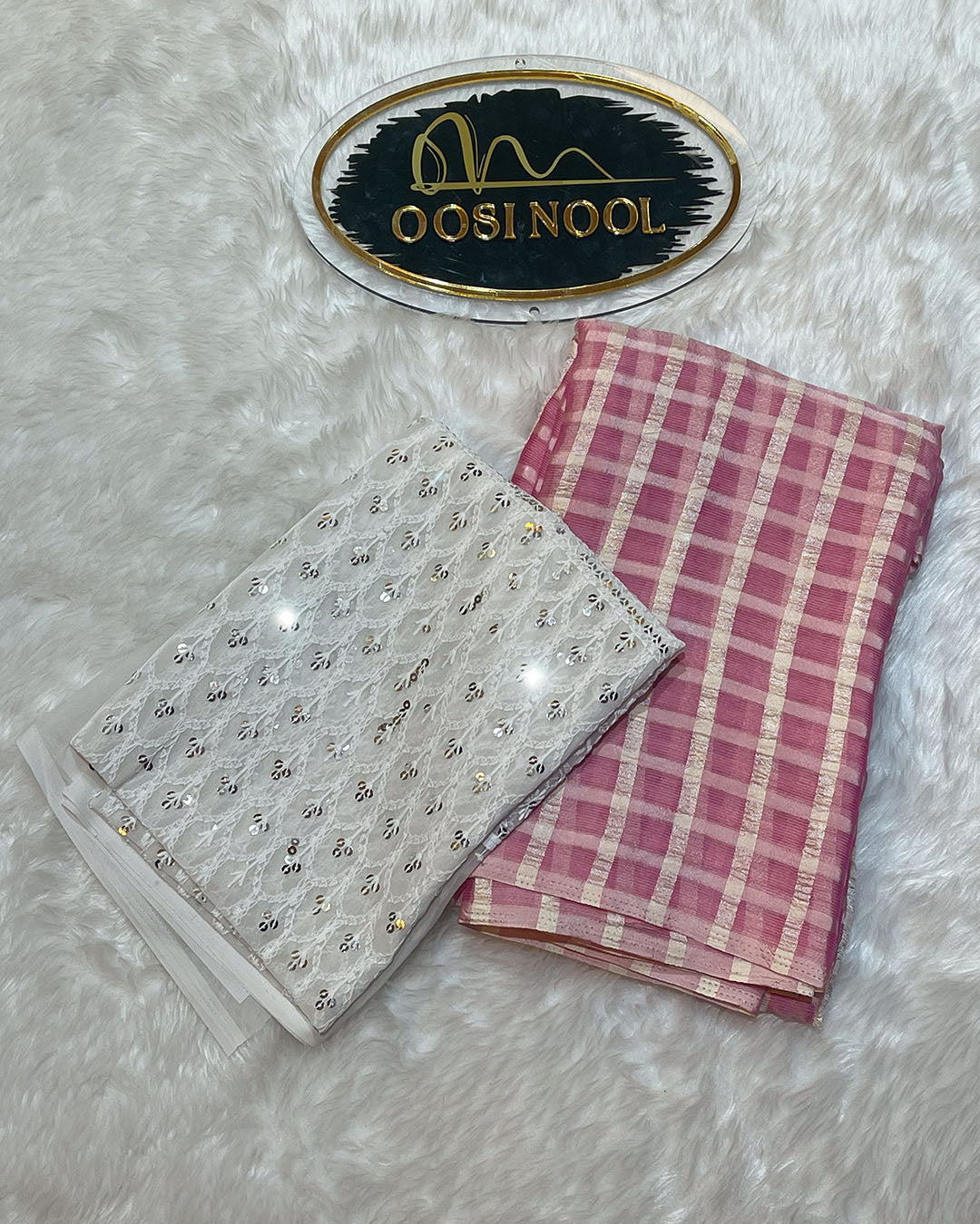 Checked Georgette Saree (Pink) with Lace Blouse (White)