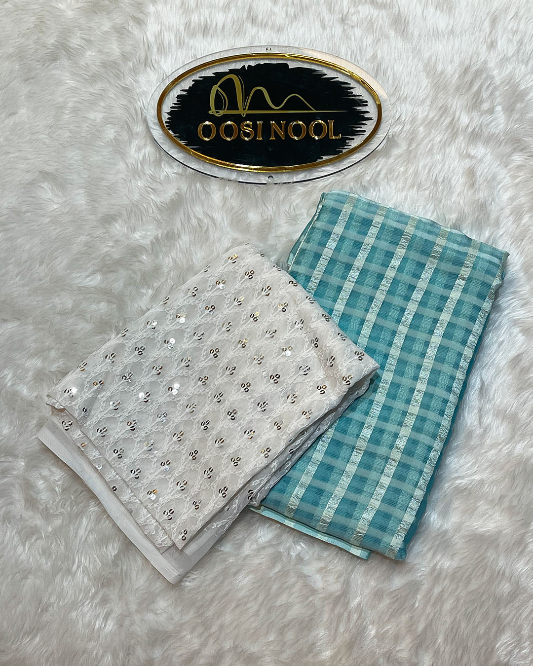Checked Georgette Saree ( Light Blue) with Lace Blouse (White)