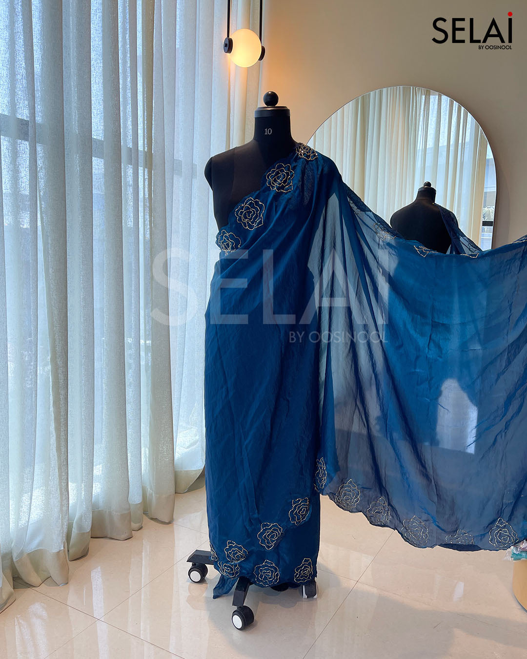 Glass Organza with Embroidered Beads (Navy Blue)