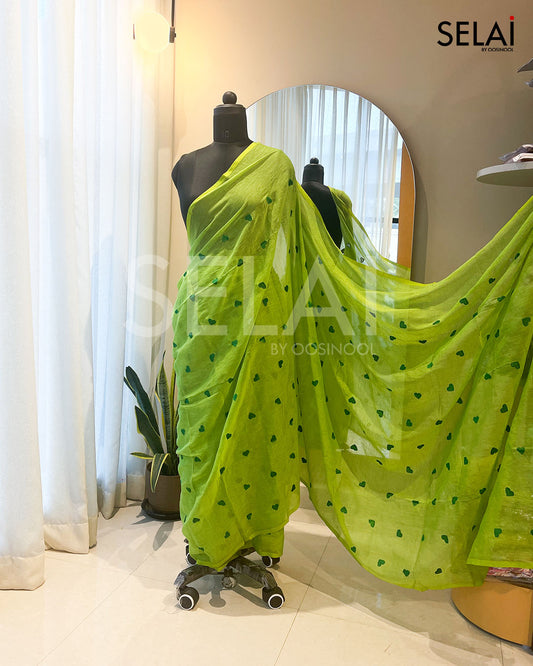 Heart Mulmul Cotton Saree (Parrot Green with Dark Green Hearts)