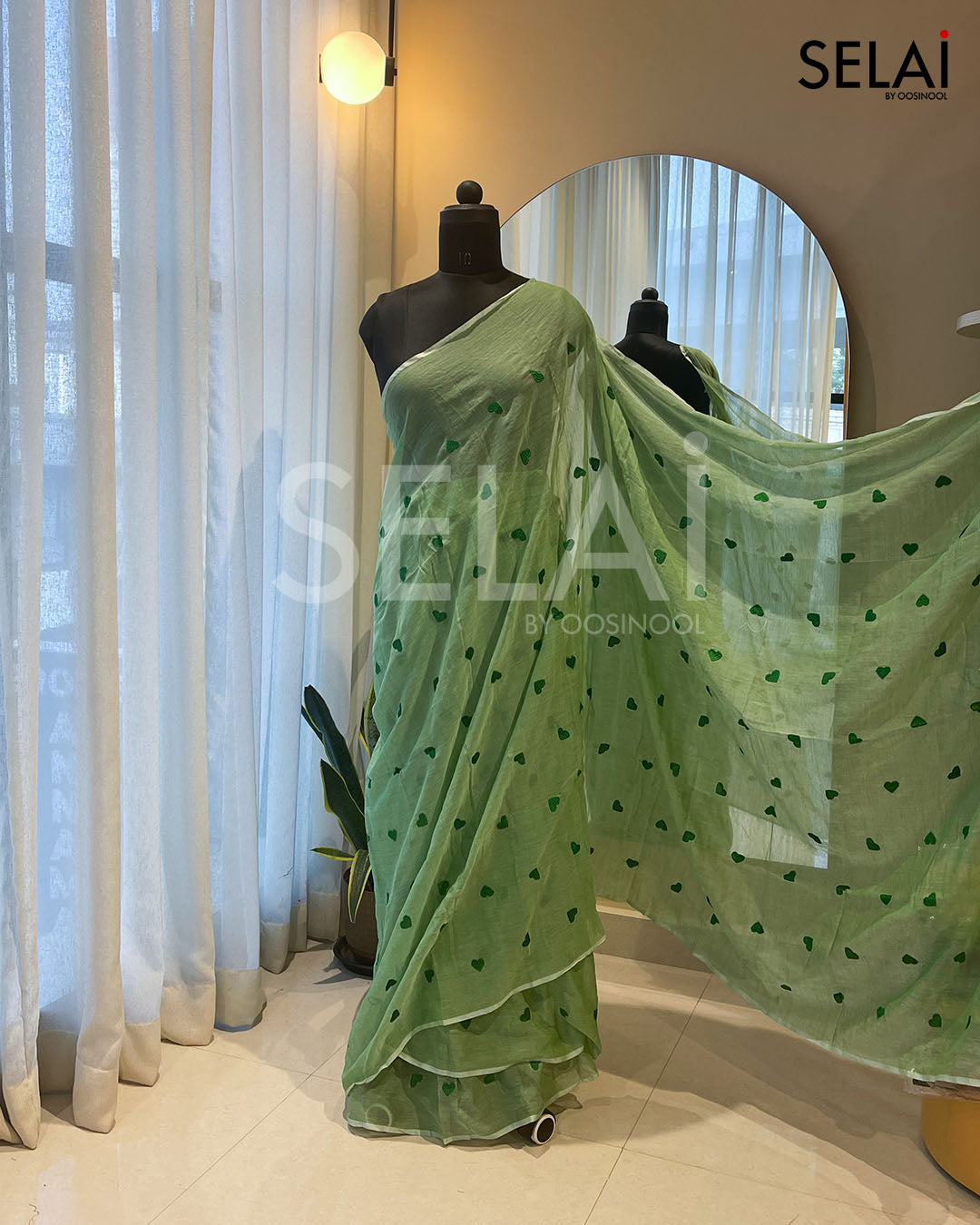 Heart Mulmul Cotton Saree (Light Green with Dark Green Hearts)