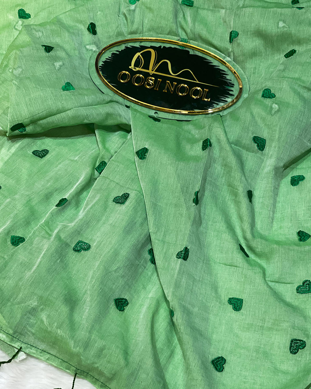 Heart Mulmul Cotton Saree (Light Green with Dark Green Hearts)