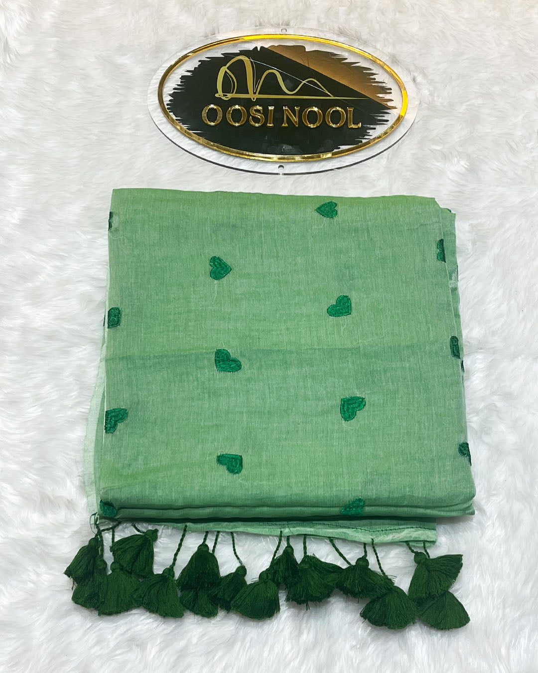 Heart Mulmul Cotton Saree (Light Green with Dark Green Hearts)