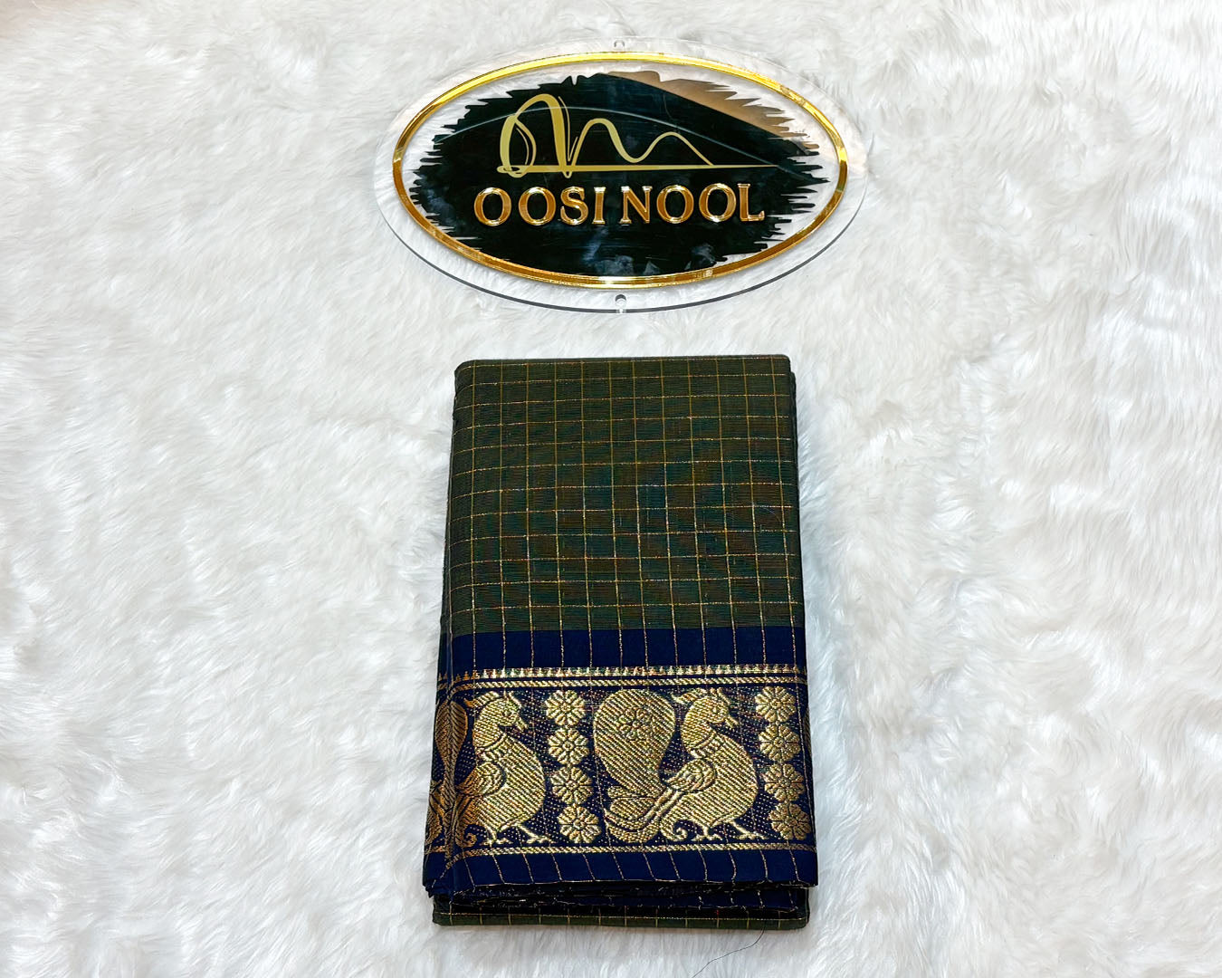 Checked Chettinad Cotton Saree (Olive Green with Navy Blue Border)