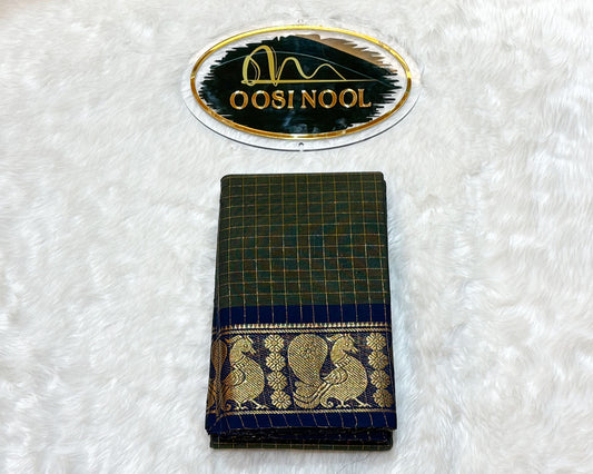 Checked Chettinad Cotton Saree (Olive Green with Navy Blue Border)