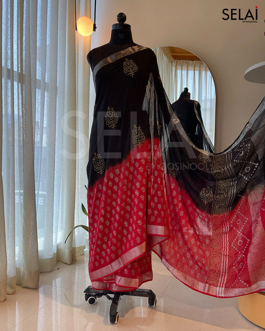Linen Cotton Saree (Red with Black)