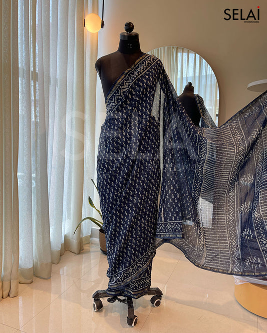 Chanderi Silk Saree (Navy Blue)