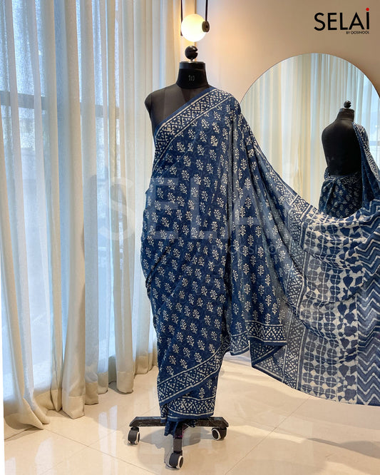 Ajrakh Print Mulmul Cotton Saree (Navy Blue Floral)