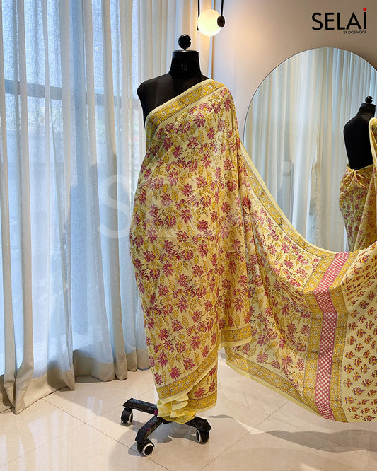 Ajrakh Print Mulmul Cotton Saree (Yellow & Pink)