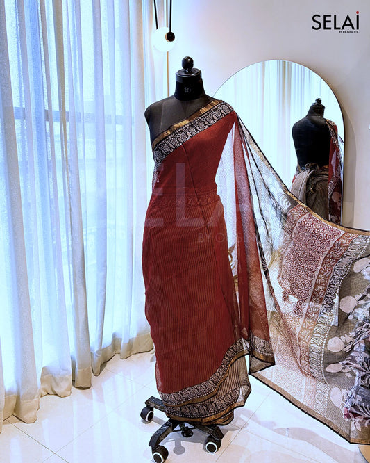 Kota Cotton Maroon Black Border Saree