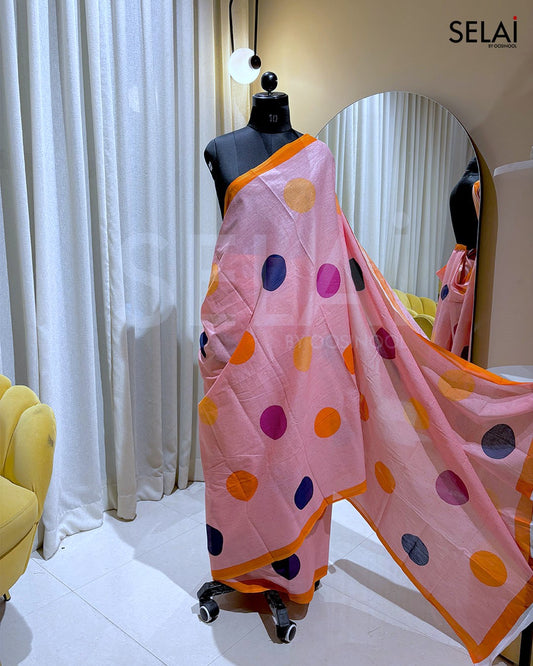 Light Orangish Pink with Big Polka Dots Cotton Saree