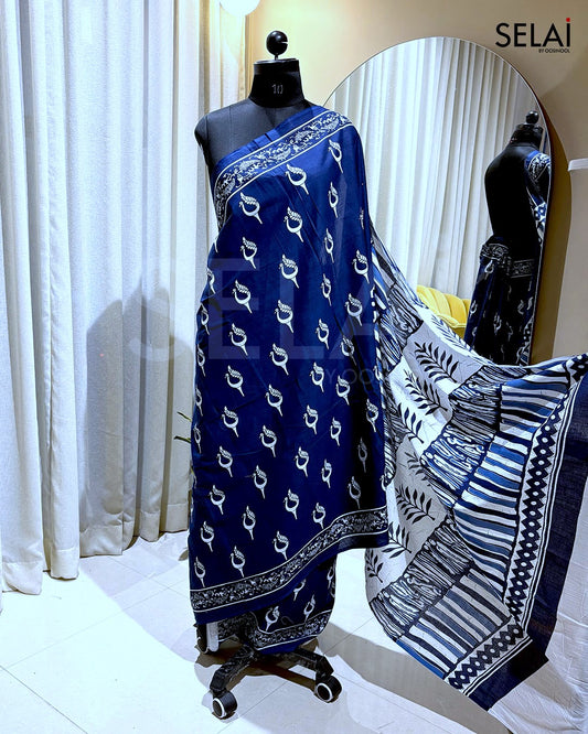 Navy Blue Peacock Design Cotton Saree