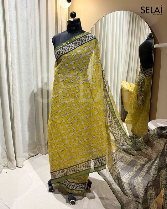 Elephant Design Yellow with Black Green Border Kota Cotton Saree