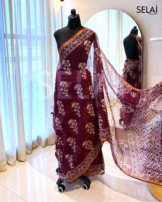 Kota Cotton Floral Saree (Dark pink)