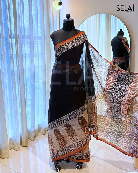 Kota Cotton Black Orange Border Saree