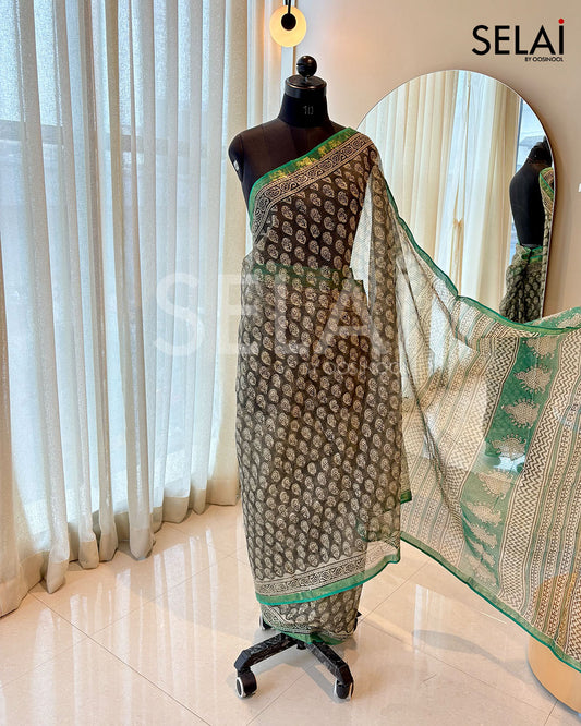 Black with Green Border Kota Cotton Saree