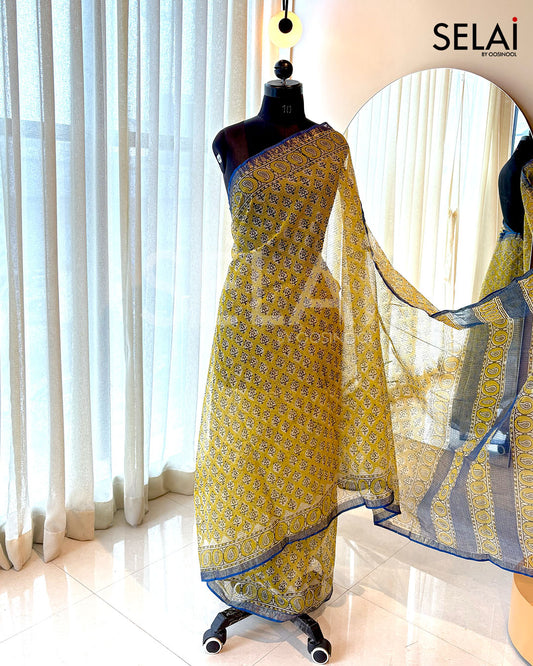 Yellow with Blue Border Kota Cotton Saree