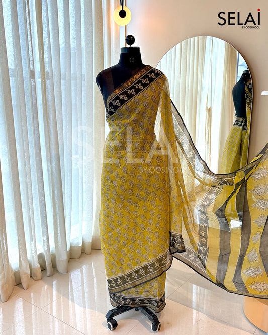 Yellow with Black Border Kota Cotton Saree