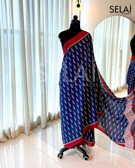 Printed Blue with Red Border Cotton Saree