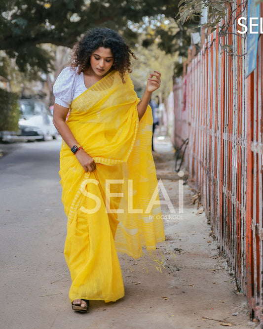 Gopuram Cotton Saree (Yellow)