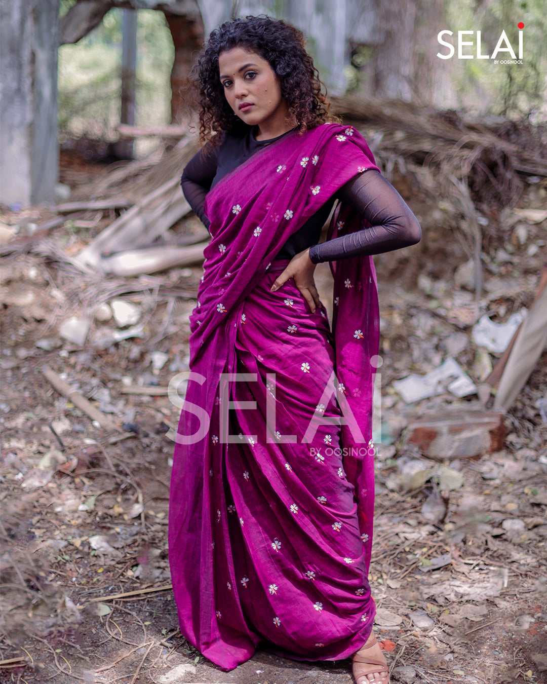 Embroidered Mulmul Cotton Saree (Violet)