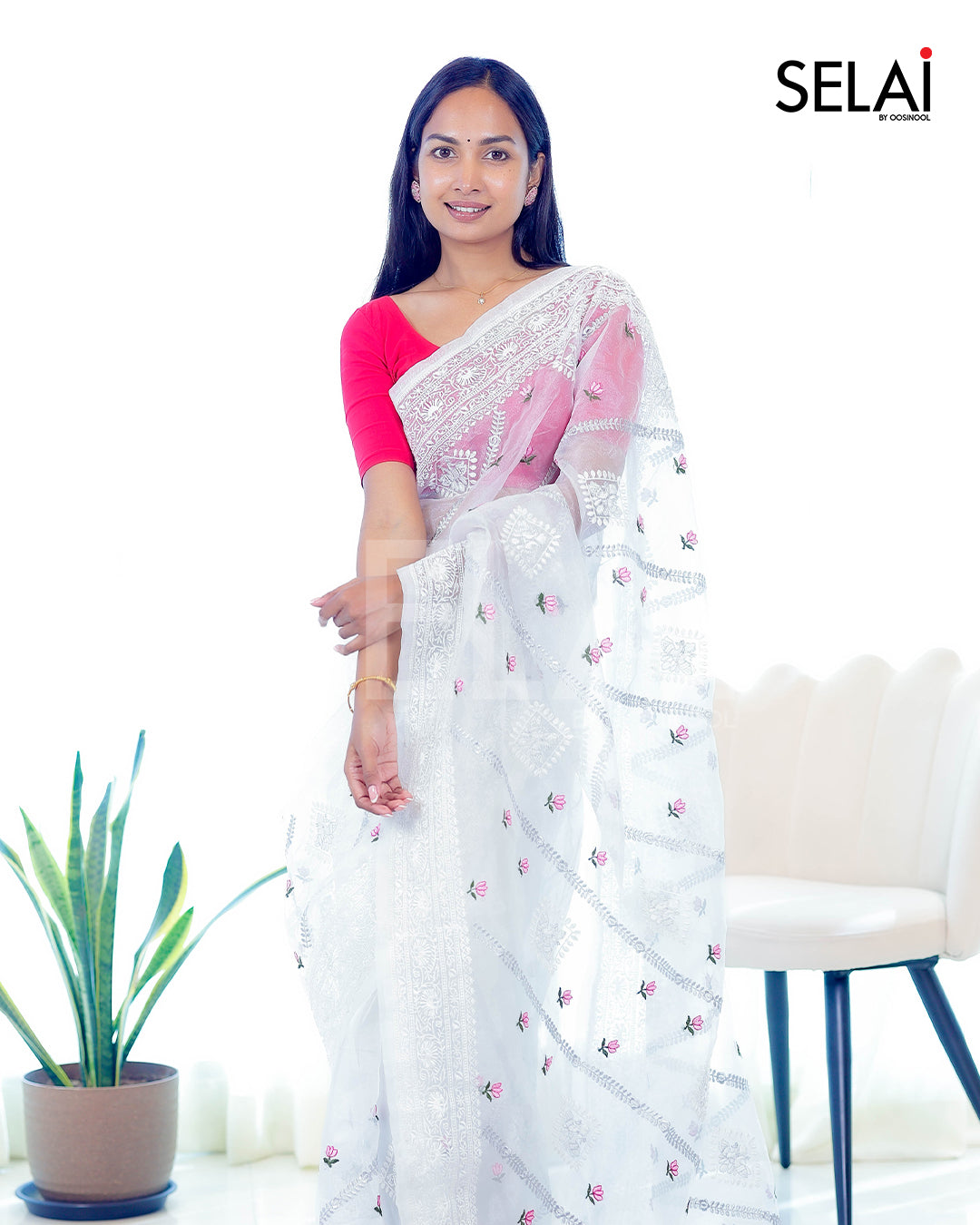 White Organza with Silver zari embroidered Saree