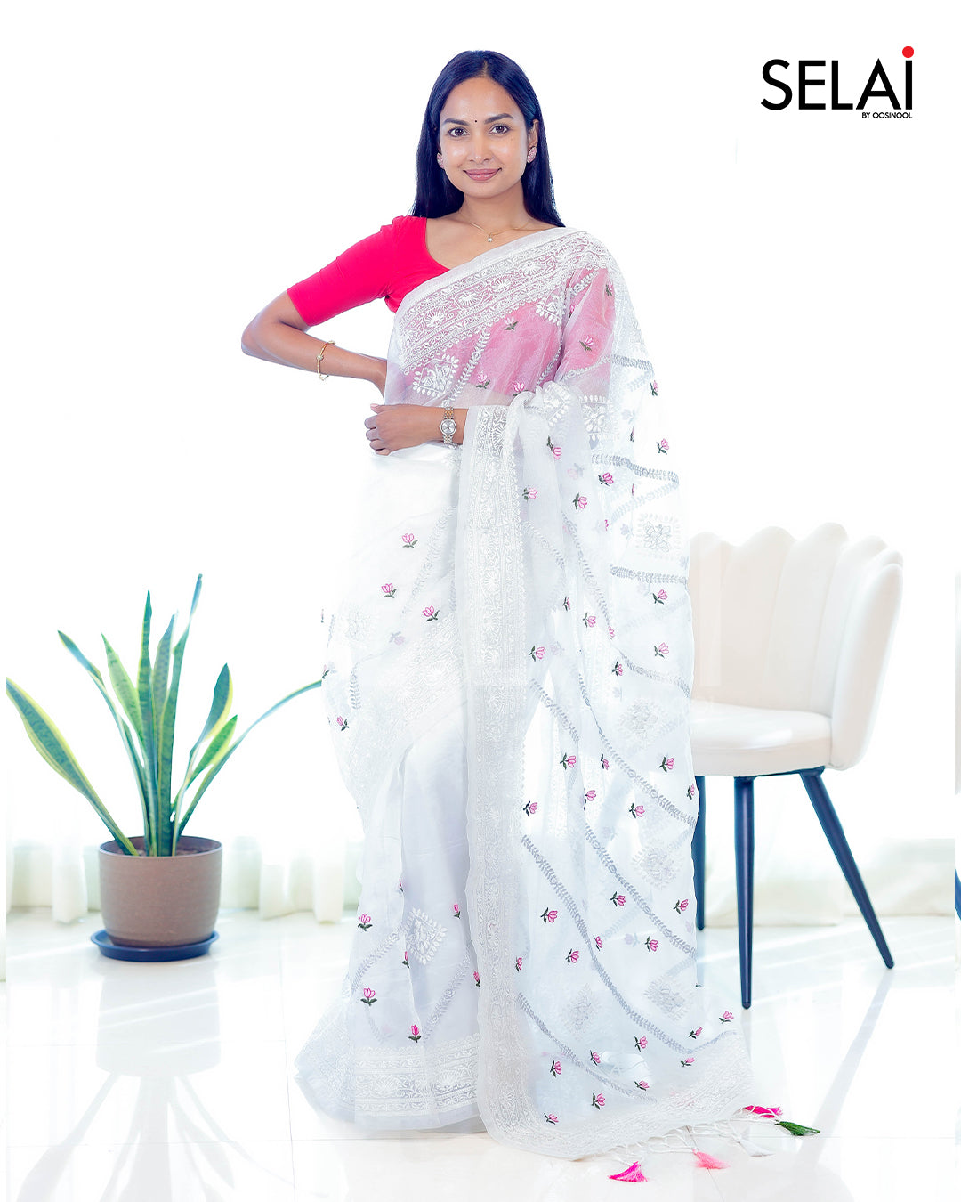 White Organza with Silver zari embroidered Saree