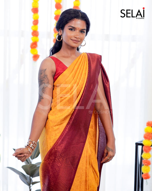 Floral Semi Silk Saree (Yellow with maroon)