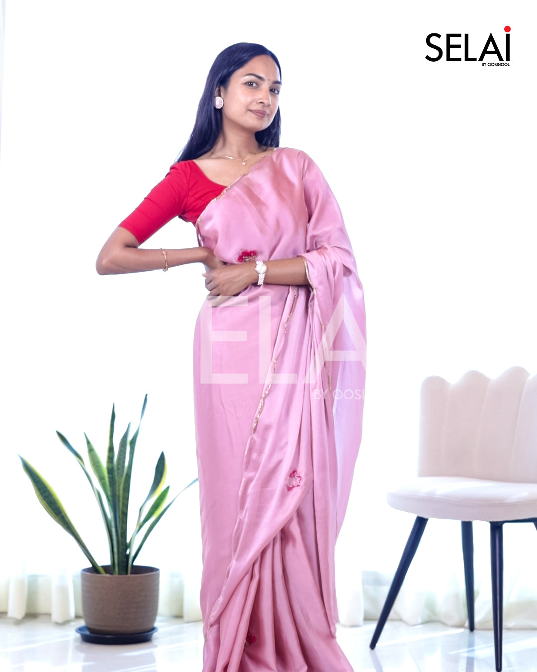 Semi silk satin With embroidered bead work (Pink)