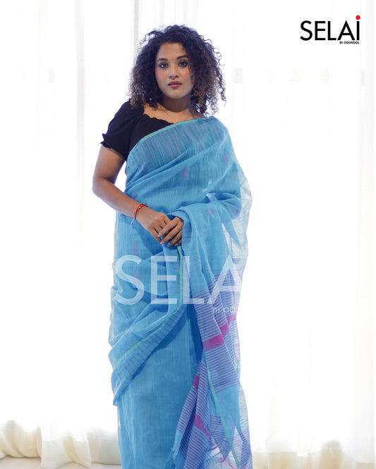 Gopuram Cotton Saree (Blue)