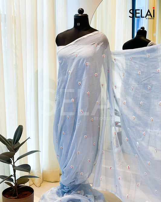 Embroidered Mulmul Cotton Saree (Sky Blue)