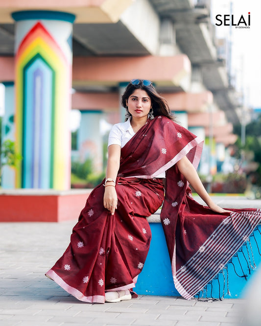 Diamond Mulmul Cotton Saree (Brown)